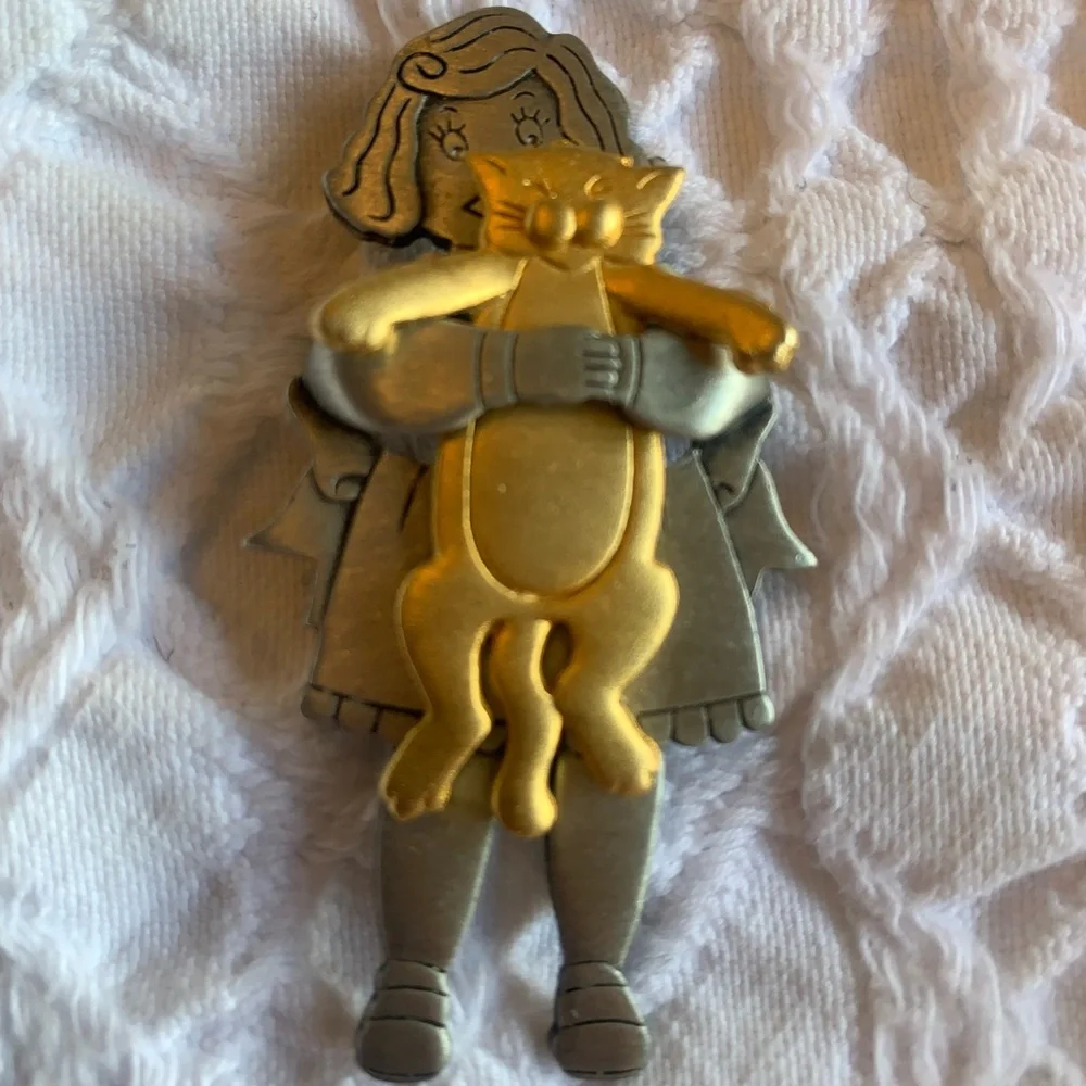 Cat Hug Girl Vintage JJ Jonette Pin - Gold & Silver Metal